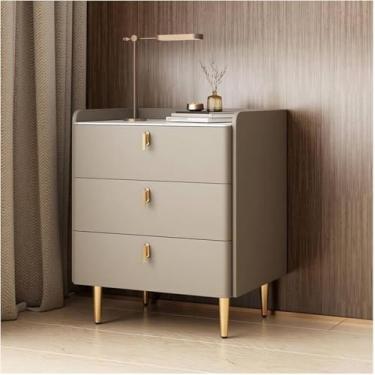 Imagem de Mesa De Cabeceira De Couro Falso Moderna De Meados Do Século Com Padrão De Mármore Mesa Lateral De Pedra Sinterizada Armário De Quarto De Madeira Com 3 Gavetas, Champagne