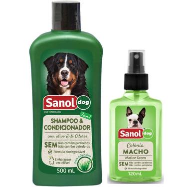 Imagem de Kit Banho Cães: Shampoo com condicionador 2 em 1 e perfume macho para Cachorro Sanol