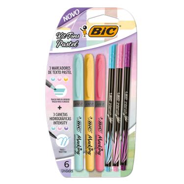Imagem de Kit 3 Marcadores de Texto Pastel + 3 Canetas Esferográficas Intensity BIC Ponta Fina