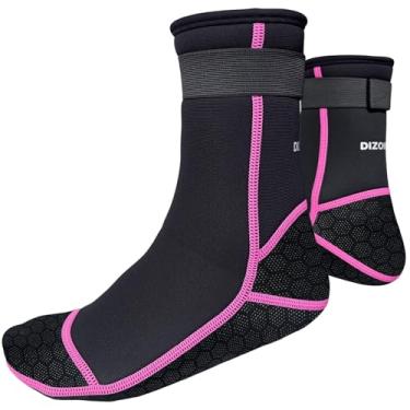 Imagem de PAWHITS Meias de neoprene, meias de mergulho de 3 mm com alça ajustável, meia térmica antiderrapante para mergulho, surfe, caiaque (linhas vermelhas rosa) G