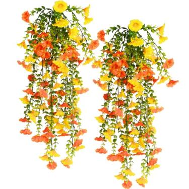 Imagem de HANDIC Flores artificiais falsas penduradas, pacote com 2 margaridas de seda sintética com folhas de eucalipto, resistente a UV, para uso externo, casa, varanda, pátio, varanda, jardim, decoração (2