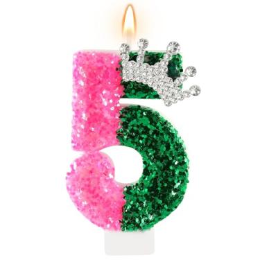 Imagem de AKURIEEY Wicked Birthday Candle Crown Number 5 Candle Pink and Green 5th Birthday Cake Topper Decorações Wicked Themed Party Decor Anniversary Celebrations Supplies