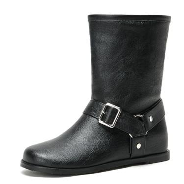 Imagem de Cozivwaiy Botas de cano curto pretas para mulheres, sapatos rasteiras, confortáveis, sem cadarço, botas casuais de salto baixo, Preto, 38