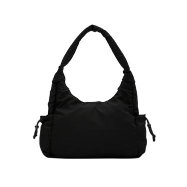 Imagem de Base'ic Bolsa de ombro feminina de nylon – Bolsa minimalista para o dia a dia com ferragens douradas, fecho de zíper e forro de poliéster, Preto, Bolsa de ombro casual de lona