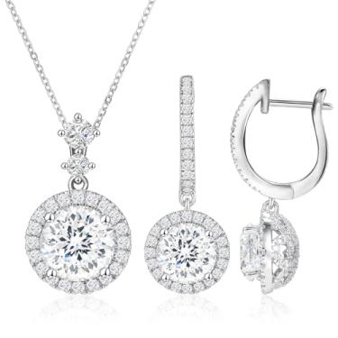 Imagem de TinyPeri Conjunto de joias femininas de zircônia cúbica banhado a ouro branco, colar de diamante falso e brincos pendentes para mulheres, halo redondo e branco CZ conjunto de brincos para casamento