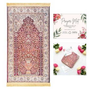 Imagem de Sacred Artisans Tapete de oração muçulmano e tapete de oração islâmica para homens e mulheres | Um Janamaz turco e sajadah super macio para salah e presente para Ramadã, Eid, Hajj ou viagem (vermelho