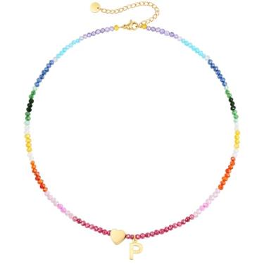 Imagem de Treasure Bender Colares com inicial de contas para mulheres, meninas, crianças, colar com inicial de letra de pedra preciosa natural, presentes para meninas e adolescentes, presentes de aniversário