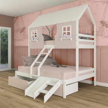 Imagem de Beliche Casal/ Solteiro Casinha Encantada com 02 Gavetas Kit Escada/ Escorregador Madeira Maciça Rosa/ Branco Megamobilia