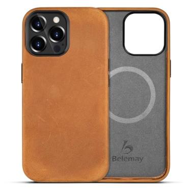 Imagem de Belemay Capa de couro compatível com iPhone 13 Pro Max Magsafe-Top Grain Vintage Crazy Horse Leather-Metal Buttons Camera Bezel-Slim Fit-Precision Crafted Premium Phone Cover (17.0 cm) - Marrom marrom