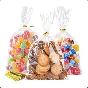 Imagem de Ksheria 100 unidades de sacos de celofane transparentes, sacos de guloseimas de celofane de 15 * 25 cm com laços torcidos, sacos de doces transparentes para lembrancinhas de festa de casamento