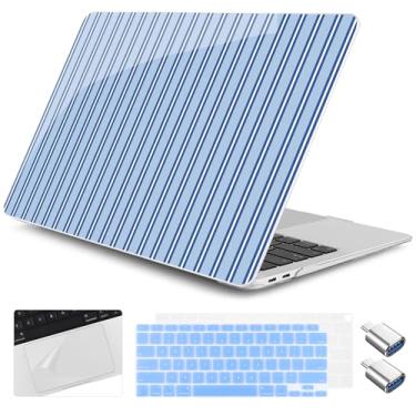 Imagem de Yebiseven Capa para MacBook Air de 13 polegadas M1 2021 2020 2019 2018 modelo A2337/A2179/A1932, capa rígida para laptop com capa de teclado e protetor de trackpad e 2 adaptadores OTG, listras azuis