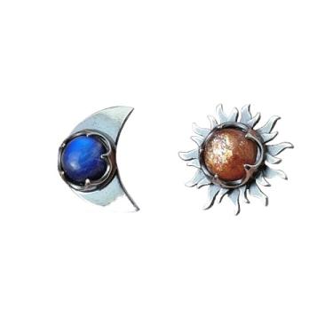 Imagem de Brincos femininos vintage com estrela e lua, banhado a prata, boho, azul, marrom, rosa, pedra de nascimento redonda, cartilagem, tragus, hipoalergênico, aniversário, Natal, casamento, joias para