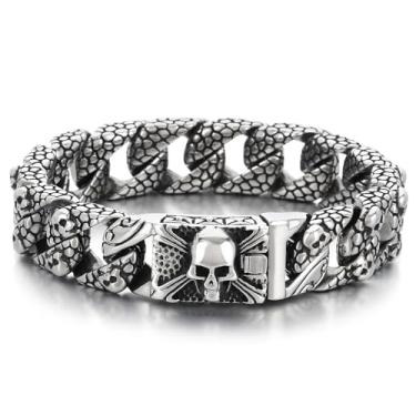 Imagem de Klapgo Pulseira masculina de caveira gótica - Pulseira de corrente de aço inoxidável 316L para homens, joias punk rock com bolsa de veludo, corrente de 21,5 cm, 8.46", Aço inoxidável, Sem Pedra