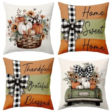 Imagem de Capas de almofada de sofá de Ação de Graças, 45,7 x 45,7 cm, decorações de outono de abóbora e girassol para sofá, varanda, laço, creme, xadrez, casa de fazenda, conjunto de 4