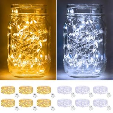 Imagem de btfarm Pacote com 12 luzes de fada operadas por bateria [3 modos], 2,1 m, 20 luzes LED cintilantes, cordão de luzes à prova d'água, pequeno fio prata para potes de pedreiro de Natal, mesa de casamento