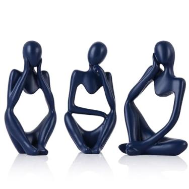 Imagem de Decoração de estátua de pensador azul marinho para suporte de TV, prateleira, mesa ou mesa de centro - Conjunto de 3 estatuetas de resina para objetos decorativos de sala de estar, escultura moderna