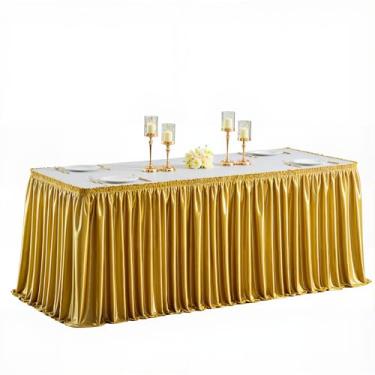 Imagem de Wish Care Saia de mesa dourada de cetim de 1,8 m para mesas retangulares, sem rugas, com glitter, toalha de mesa plissada, para casamento, aniversário, formatura, coquetel, buffet, decoração de mesa