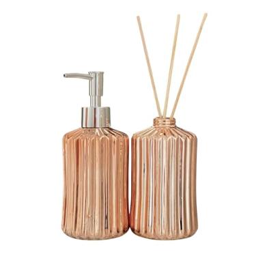 Imagem de Kit 2 Peças Lavabo Banheiro Difusor Aromatizador Dispenser Líquido Rose Gold