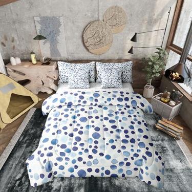 Imagem de Erosebridal Conjunto de cama geométrico ombré, tamanho casal, com bolinhas, bolinhas, 7 peças, chuva, aquarela, respingos, azul, branco, todas as estações, conjunto de edredom com lençóis