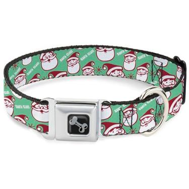 Imagem de Buckle-Down Coleira para animais de estimação, fivela de cinto de segurança de metal, Papai Noel alegre texto de rosto sorridente de Natal verde vermelho branco, 40,6 a 58,8 cm de largura