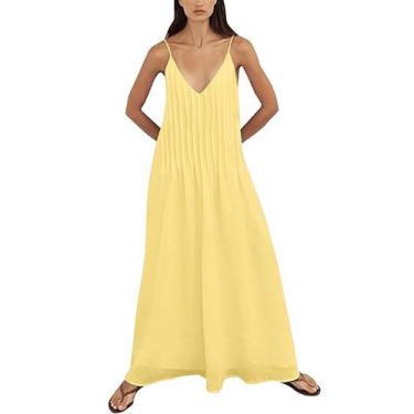 Imagem de Vestido maxi feminino ABINGOO de verão com decote em V plissado sem en