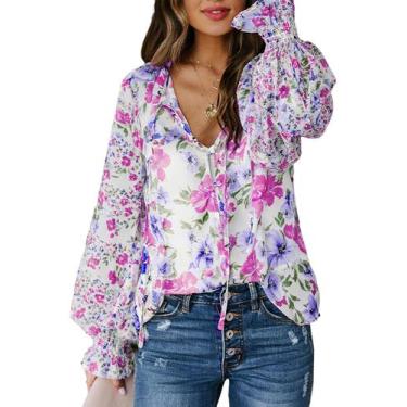 Imagem de Blusa feminina Biucly com decote em V, manga comprida, estampa floral,