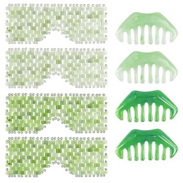 Imagem de CONEHOY Conjunto de 8 peças de máscara de olhos de jade e pente de cabelo branco facial refrescante verde pedra jade conjunto de máscara para olhos relaxar aliviar inchaço ferramenta para pente guasha