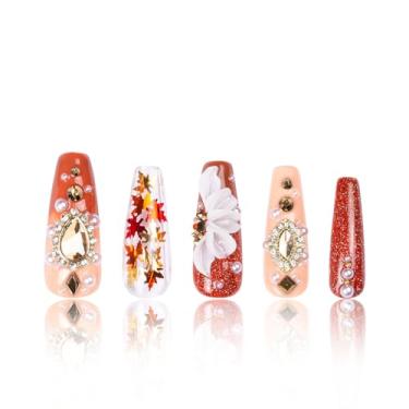 Imagem de LOVFUL Press on Nails Golden Cascade | Feito à mão com cristais totalmente cobertos | Pregos reutilizáveis de cobertura completa | Caixão clássico regular 3,3 cm | H343-S