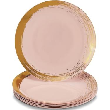 Imagem de Pratos de jantar ROYALTY | Pratos de plástico blush e ouro | Coleção escovada | 26 cm