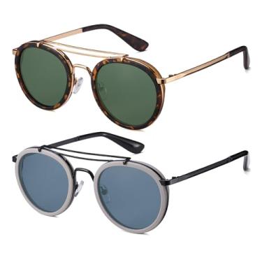 Imagem de 2020 VentiVenti Óculos de sol vintage Steampunk com ponte dupla, redondo, polarizado, armação de metal para mulheres e homens, Lente G15 + Lente azul, 52 mm