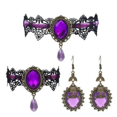 Imagem de PUBBCIA Conjunto de 4 peças de gargantilha e pulseira para mulheres, brincos roxos de Halloween, gargantilha, gargantilha, vintage, vampiro, pulseira, para festa à fantasia de Halloween, Cobre, outro