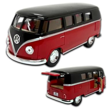 Imagem de Miniatura Kombi Microbus 1962 em metal, 1/32 13 CM, abertura de portas laterais e porta malas, rodinhas em borracha e com fricção, Carrinho de ferro miniatura (Preto e vermelho)