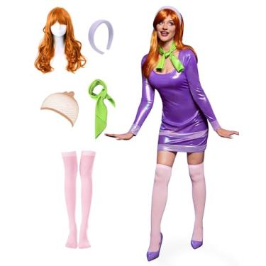Imagem de Women Halloween Daphn Purple Mini Dress Sexy Long Sleeve Bodycon Cosplay Costume with Scarf Headband XL