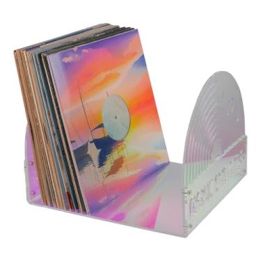Imagem de JIMEI Suporte de disco de vinil acrílico, suporte de disco colorido prisma para álbuns, suporte de LP para exibição agora (acrílico prisma, capacidade 50-75 LP)