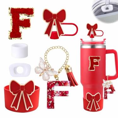 Imagem de Conjunto de 6 peças de acessórios para copo vermelho Stanley Cup 850 g 1,134 g copo com alça, incluindo tampa de cobertura de palha de silicone e bota de laço, tampa à prova de derramamento, pingente