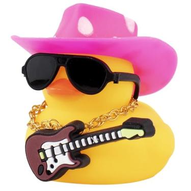 Imagem de Wonuu Ornamentos de pato de borracha para carro, guitarra, pato, acessórios legais, decorações de painel com colar de chapéu de cowboy e óculos de sol, rosa e branco
