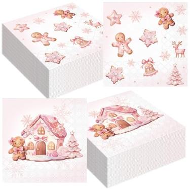 Imagem de Guardanapo de papel de Natal rosa floco de neve de Natal doce de gengibre doce guardanapo descartável sobremesa jantar guardanapo de mão para suprimentos de festas de fim de ano