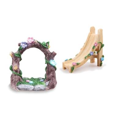 Imagem de Kai Dream Conjunto de acessórios de jardim de fadas em miniatura, kit de paisagem decorativo de resina de 2 peças com arco e escorregador, ornamentos florais de jardim