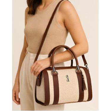 Imagem de Bolsa Feminina Baú Focus Palha Bicolor Ajustável Transversal Forrada S