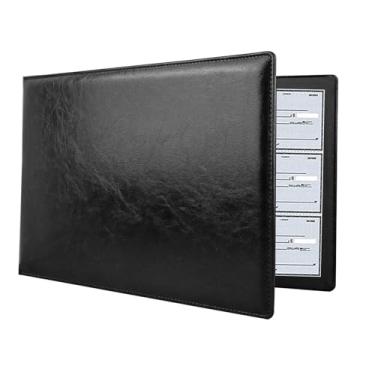Imagem de Pasta para talão de cheques de negócios com 7 anéis, capacidade para 600 cheques, capa de couro PU, 23 x 33 cm, perfeita para negócios e finanças pessoais (preto)