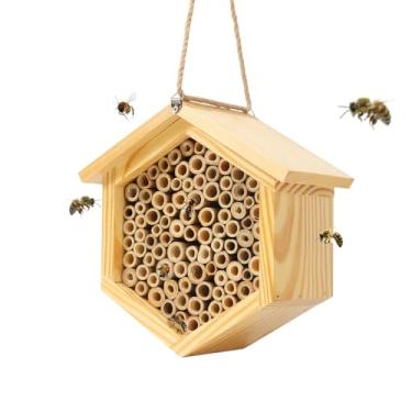 Imagem de Mason Bee House Colmeia de abelha nativa hexagonal casa de abelha feita à mão de madeira Mason Bee Box Habitat Home Hotel com tubos - Atrai polinizadores de abelhas pacíficos para melhorar a
