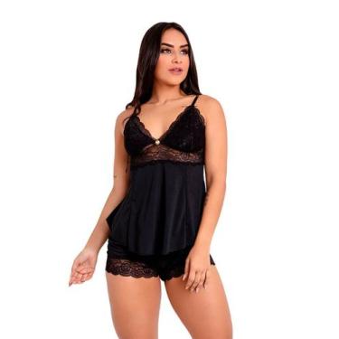 Imagem de Pijama Short Doll Baby Doll IMI Lingerie Microfibra E Renda Hope Preto