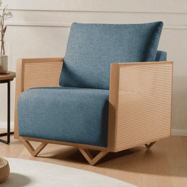 Imagem de Poltrona para Sala de Estar Madeira Maciça Palha Rattan Arthur Azul