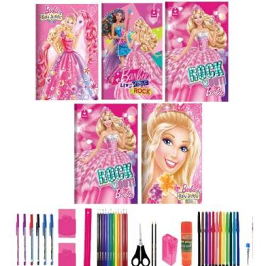 Imagem de Kit 5 Caderno Barbie Brochurão Tam Grande A4 Com 40 Materiais Escolar 