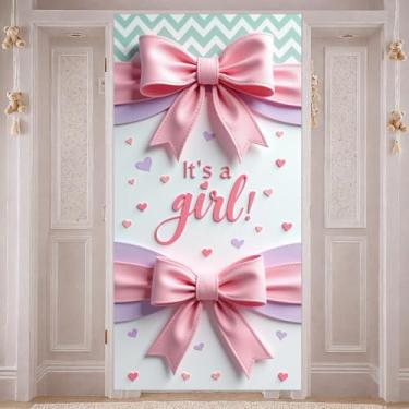Imagem de Faixa de porta de lembrancinhas de festa revelação de gênero para meninas, capa de porta de bebê para lembrancinhas de chá de bebê, adereços de foto floral revelação de gênero (2 laços rosa)