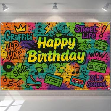 Imagem de HOMETITUTE Banner Graffiti Street Style Feliz Aniversário Colorido Graffiti Tinta Spray Pano de Fundo com Fitas Cassete, Notas Musicais, Estrelas para Festas Ao Ar Livre Férias Fotografia Aniversário