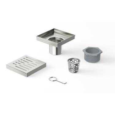 Imagem de EMBATHER Ralo de Chuveiro Quadrado de 4", Ralo de Piso de Chuveiro de Aço Inoxidável 304 e Tampa de Ralo de Chuveiro Incluídos, Coletor de Cabelo e Pés Niveladores, Níquel Escovado