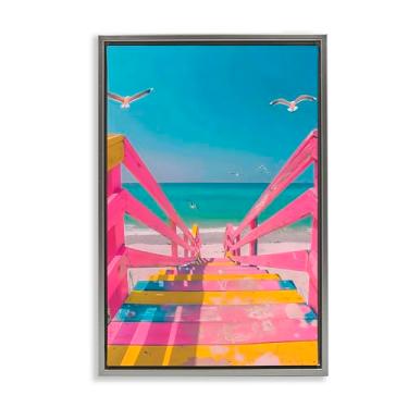 Imagem de Stupell Industries Arte de parede retrô rosa para escadas de praia cinza com moldura flutuante, design por LSR Design Studio, 25 x 17