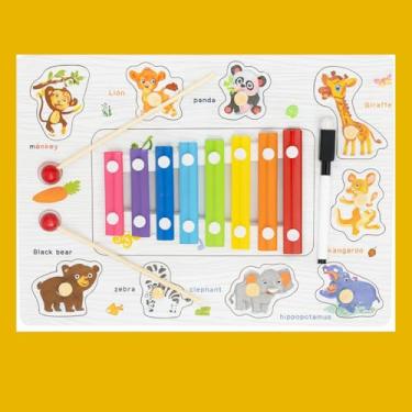 Imagem de Brinquedo Educativo Infantil 3 em 1 Tabuleiro de Madeira com Xilofone Colorido, Quebra-Cabeça e Lousa – Aprendizado Divertido (Animais Terrestres)