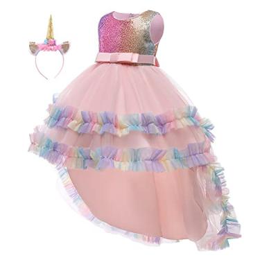 Imagem de HIHCBF Fantasia de unicórnio para meninas, Halloween, Natal, lantejoulas, princesa, vestido de tule alto baixo, vestido de festa de aniversário com faixa de cabeça rosa 3-4T